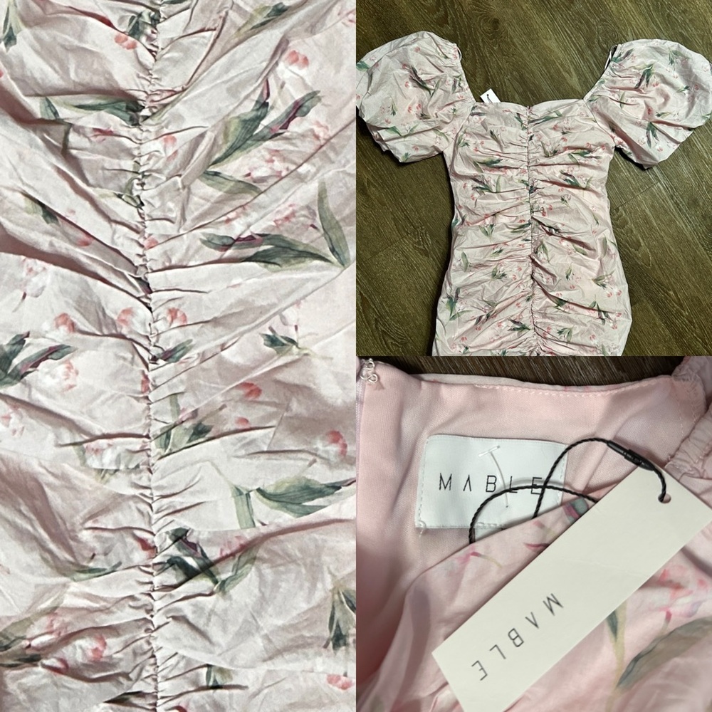 Mable Blush Pink flirty feminine floral rusched dress size Large L new - Picture 9 of 14
